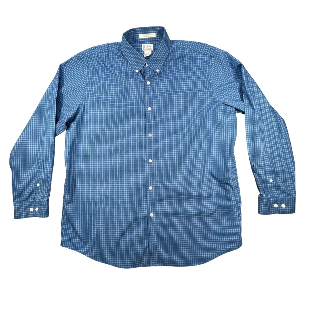 LL Bean Blue Grid Wrinkle Resistant Traditional Fit Button Down Mens XL